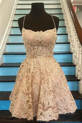 Cute Backless Short Golden Lace Prom Dresses Golden Lace Homecoming Dresses Short Golden Formal Evening Dresses