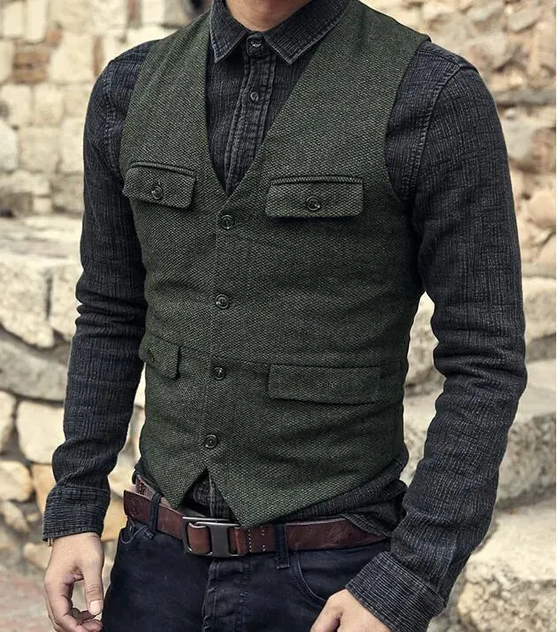 Dark Green Groom Vests Country Wedding Wool Tweed Vest Slim Fit Men's Suit Vest Dress Coat Dress Waistcoat Farm Country B239