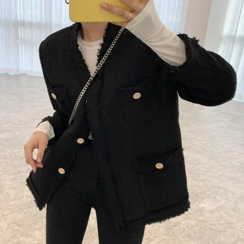 deanwangkt  Woman Jacket New Korea Elegant V-neck Edge Stitching Three Buttons Loose Pocket Tweed Short Coat Ladies Wear