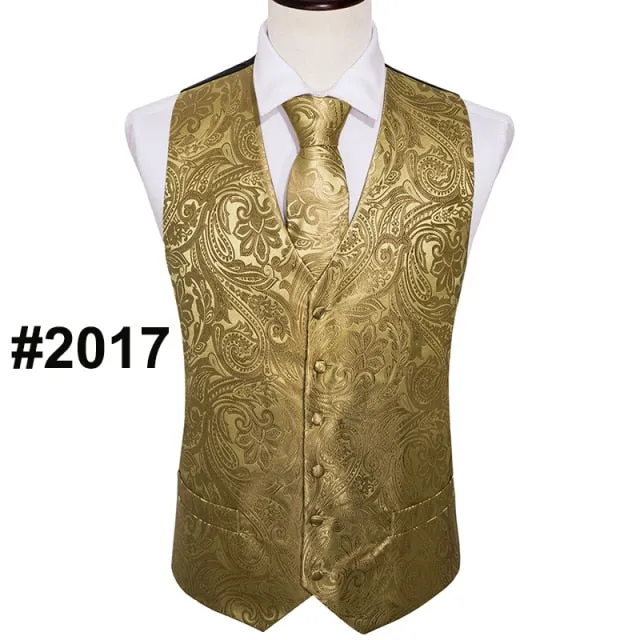 Designer Mens Classic Black Paisley Jacquard Folral Silk Waistcoat Vests Handkerchief Tie Vest Suit Pocket Square Set Barry.Wang