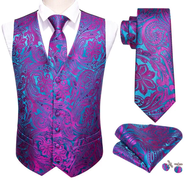 Designer Mens Classic Black Paisley Jacquard Folral Silk Waistcoat Vests Handkerchief Tie Vest Suit Pocket Square Set Barry.Wang