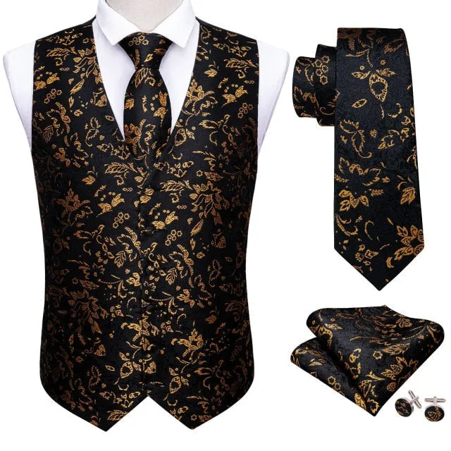 Designer Mens Classic Black Paisley Jacquard Folral Silk Waistcoat Vests Handkerchief Tie Vest Suit Pocket Square Set Barry.Wang