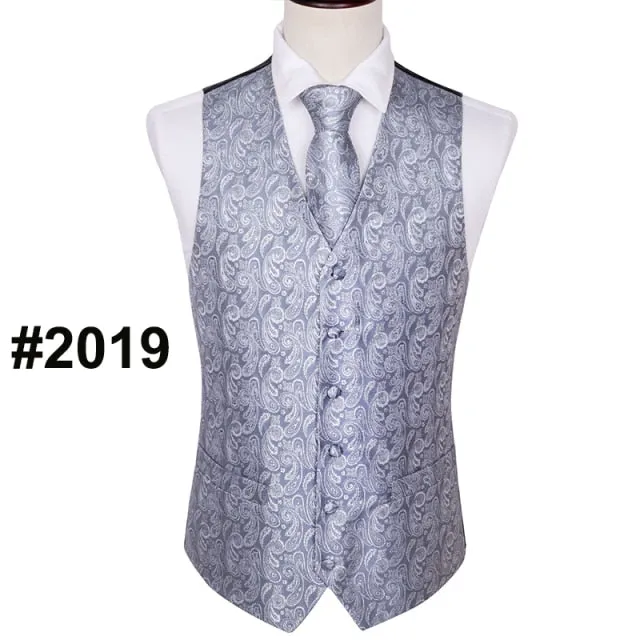 Designer Mens Classic Black Paisley Jacquard Folral Silk Waistcoat Vests Handkerchief Tie Vest Suit Pocket Square Set Barry.Wang