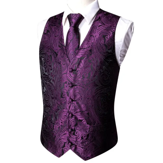 Designer Mens Classic Black Paisley Jacquard Folral Silk Waistcoat Vests Handkerchief Tie Vest Suit Pocket Square Set Barry.Wang