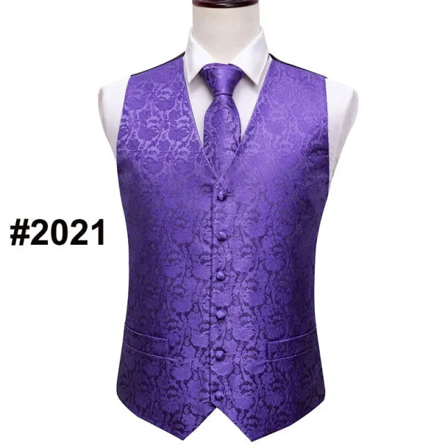 Designer Mens Classic Black Paisley Jacquard Folral Silk Waistcoat Vests Handkerchief Tie Vest Suit Pocket Square Set Barry.Wang