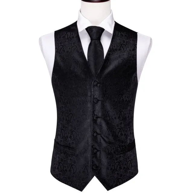 Designer Mens Classic Black Paisley Jacquard Folral Silk Waistcoat Vests Handkerchief Tie Vest Suit Pocket Square Set Barry.Wang