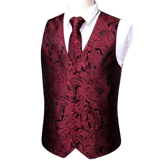 Designer Mens Classic Black Paisley Jacquard Folral Silk Waistcoat Vests Handkerchief Tie Vest Suit Pocket Square Set Barry.Wang