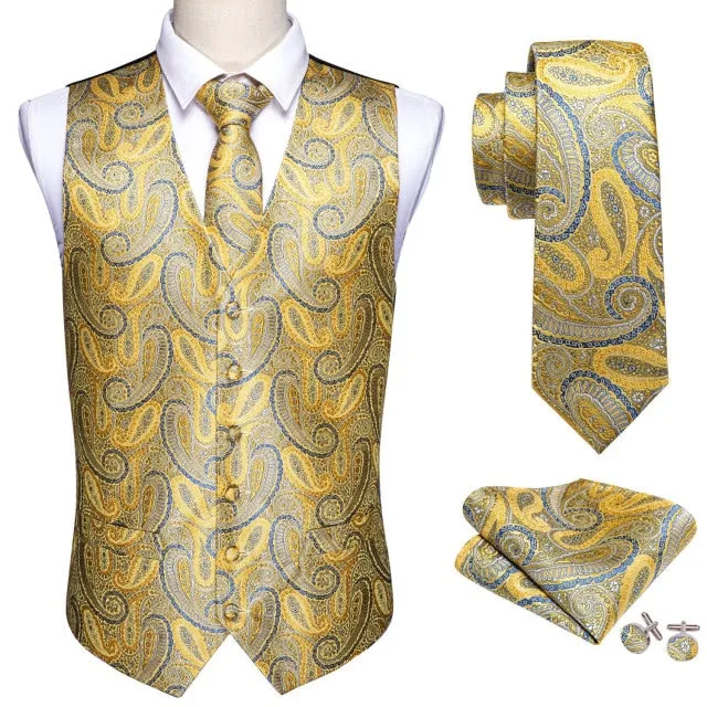 Designer Mens Classic Black Paisley Jacquard Folral Silk Waistcoat Vests Handkerchief Tie Vest Suit Pocket Square Set Barry.Wang