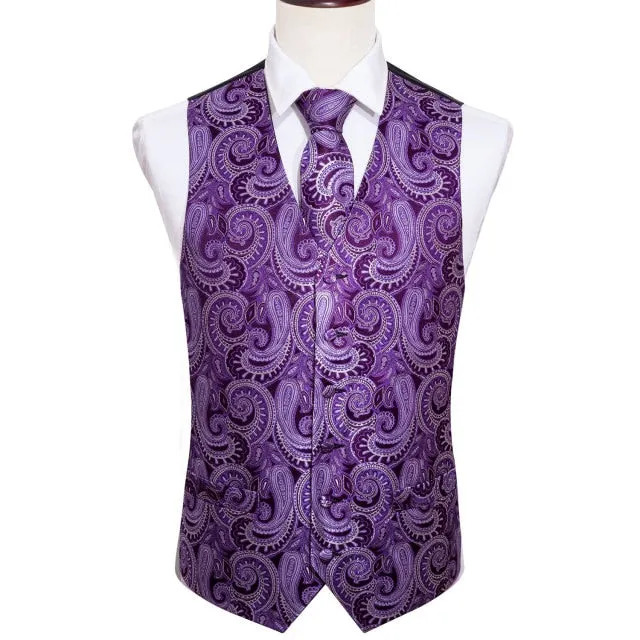 Designer Mens Classic Black Paisley Jacquard Folral Silk Waistcoat Vests Handkerchief Tie Vest Suit Pocket Square Set Barry.Wang