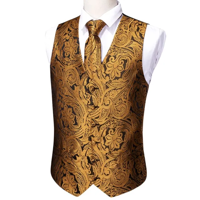 Designer Mens Classic Black Paisley Jacquard Folral Silk Waistcoat Vests Handkerchief Tie Vest Suit Pocket Square Set Barry.Wang