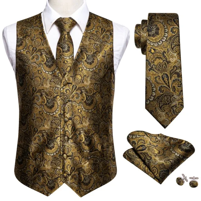 Designer Mens Classic Black Paisley Jacquard Folral Silk Waistcoat Vests Handkerchief Tie Vest Suit Pocket Square Set Barry.Wang