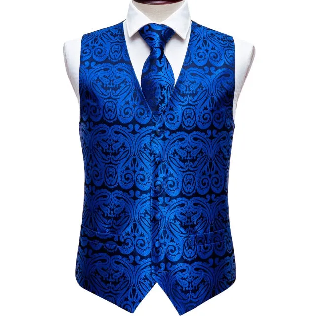 Designer Mens Classic Black Paisley Jacquard Folral Silk Waistcoat Vests Handkerchief Tie Vest Suit Pocket Square Set Barry.Wang