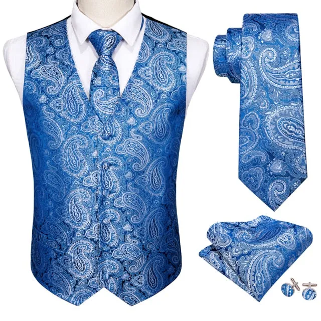 Designer Mens Classic Black Paisley Jacquard Folral Silk Waistcoat Vests Handkerchief Tie Vest Suit Pocket Square Set Barry.Wang