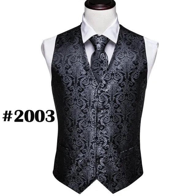 Designer Mens Classic Black Paisley Jacquard Folral Silk Waistcoat Vests Handkerchief Tie Vest Suit Pocket Square Set Barry.Wang