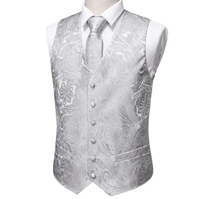 Designer Mens Classic Black Paisley Jacquard Folral Silk Waistcoat Vests Handkerchief Tie Vest Suit Pocket Square Set Barry.Wang