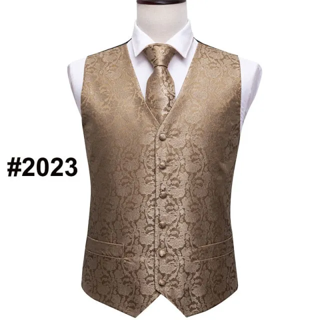 Designer Mens Classic Black Paisley Jacquard Folral Silk Waistcoat Vests Handkerchief Tie Vest Suit Pocket Square Set Barry.Wang