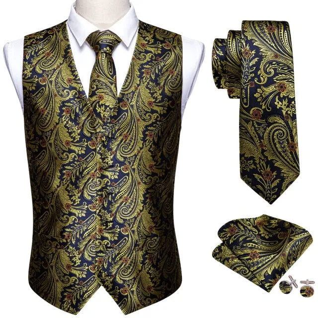 Designer Mens Classic Black Paisley Jacquard Folral Silk Waistcoat Vests Handkerchief Tie Vest Suit Pocket Square Set Barry.Wang