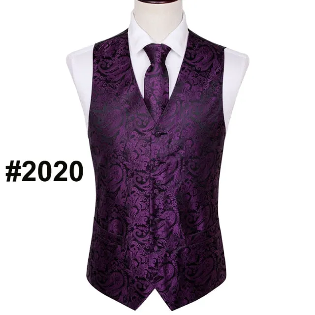 Designer Mens Classic Black Paisley Jacquard Folral Silk Waistcoat Vests Handkerchief Tie Vest Suit Pocket Square Set Barry.Wang