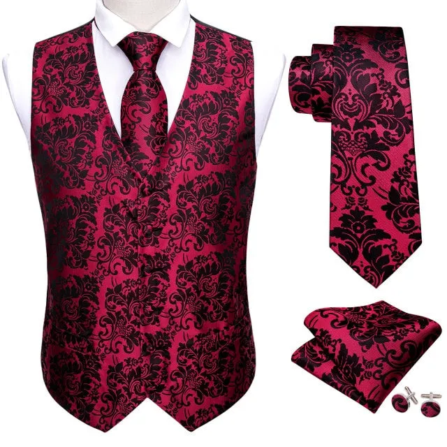 Designer Mens Classic Black Paisley Jacquard Folral Silk Waistcoat Vests Handkerchief Tie Vest Suit Pocket Square Set Barry.Wang