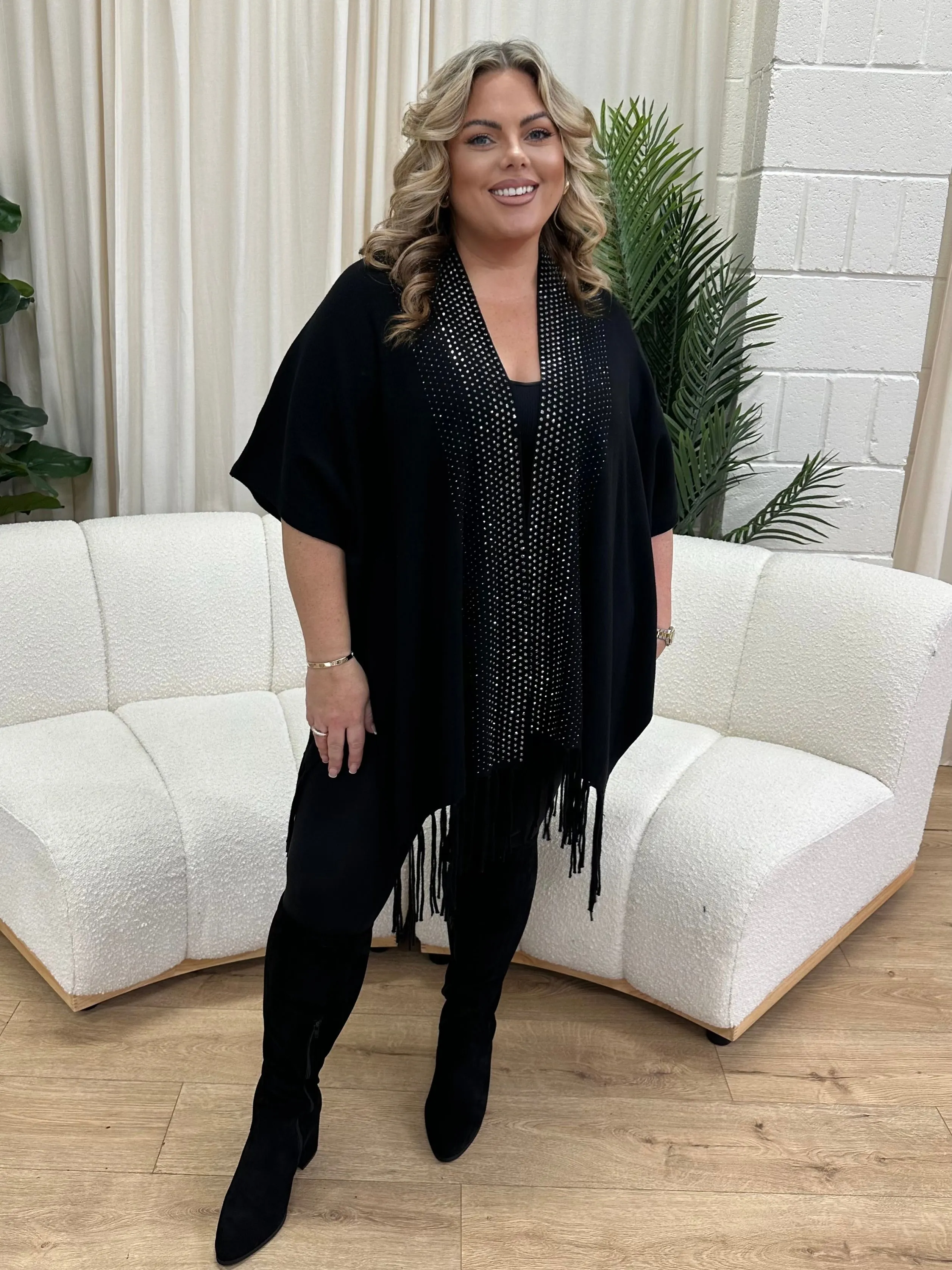 Dina Black Tassel & Stud Open Front Poncho