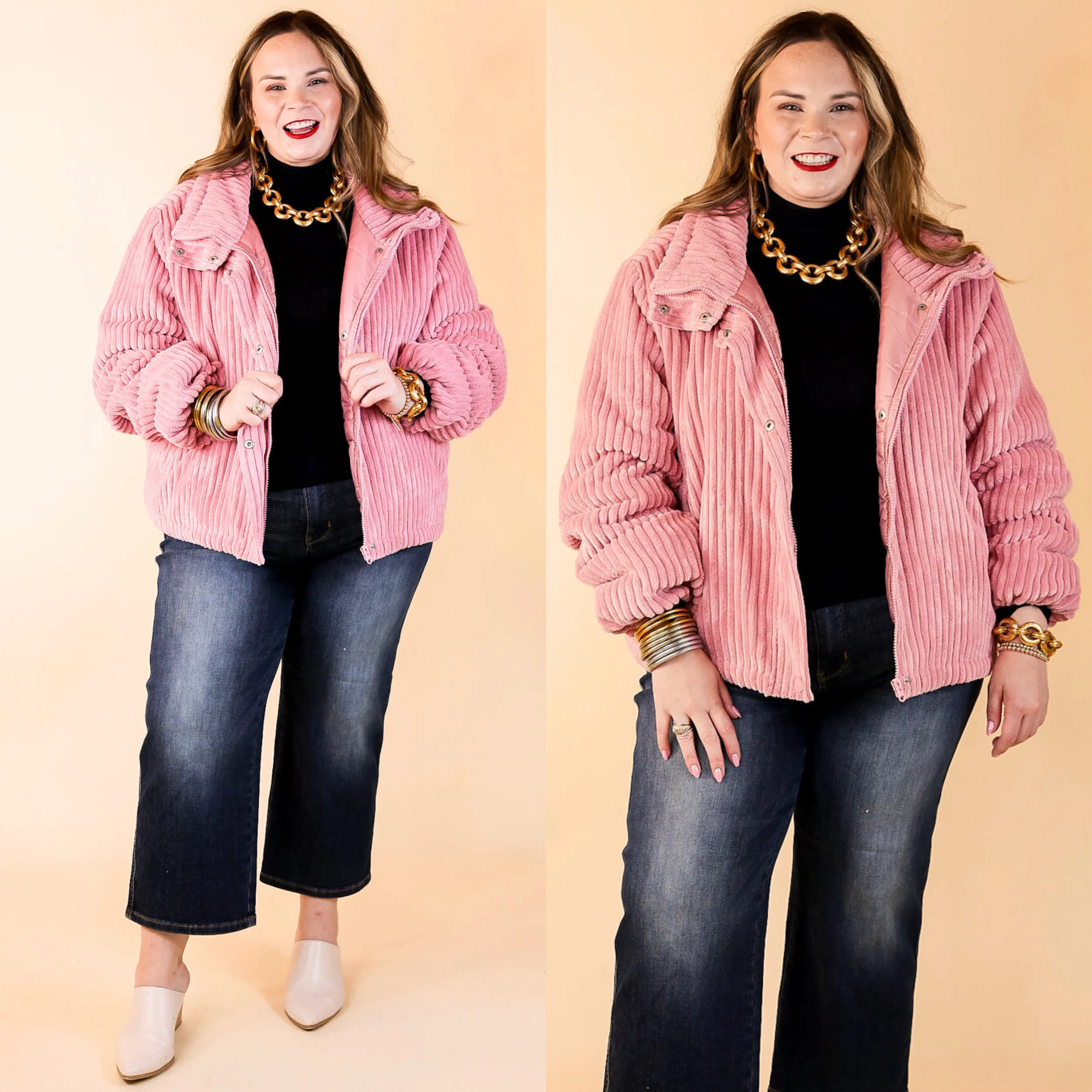 Driving North Button and Zip Up Plush Ribbed Jacket in Pink