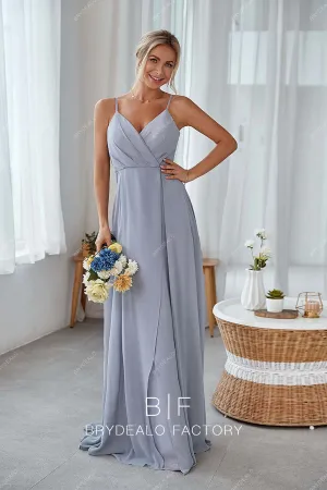 Dusty Blue Wrap V-neck Spaghetti Straps Chiffon Bridesmaid Dress