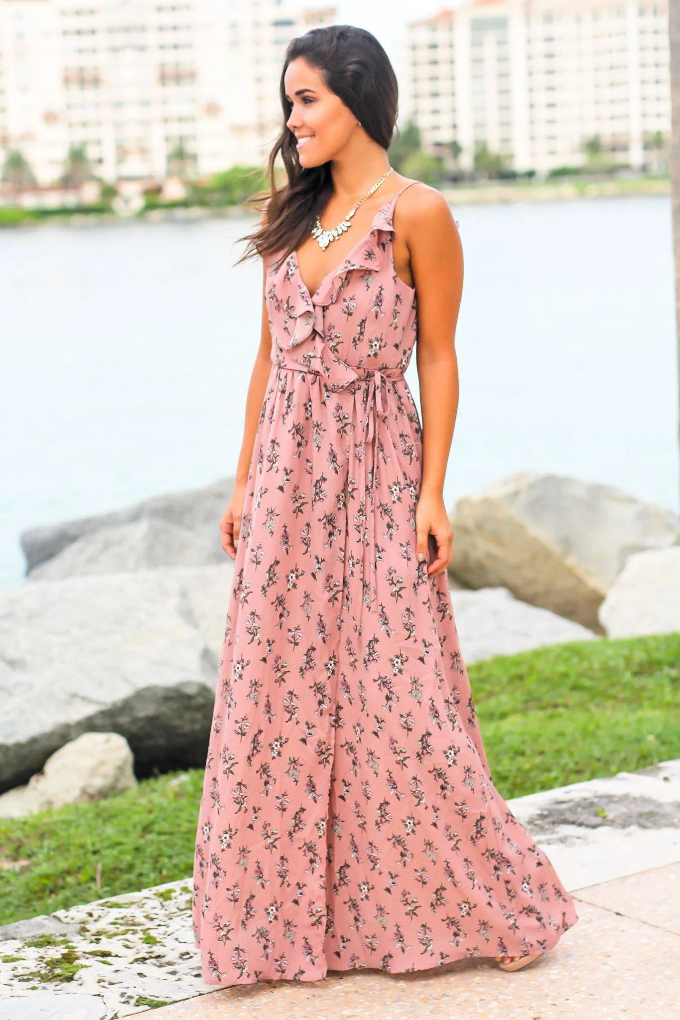 Dusty Pink Floral Wrap Dress