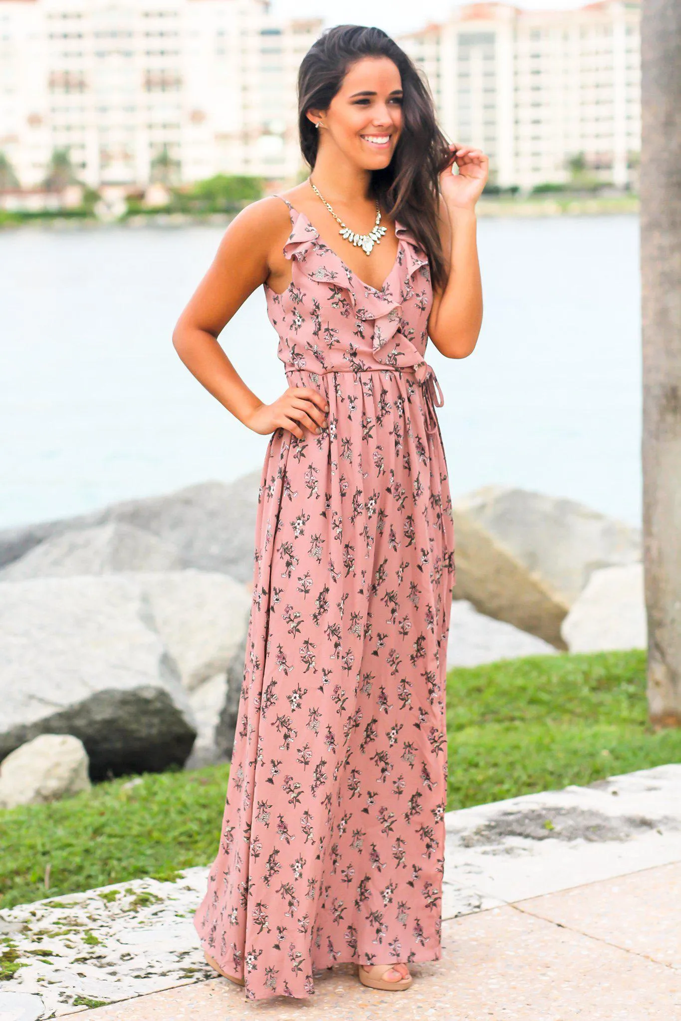 Dusty Pink Floral Wrap Dress