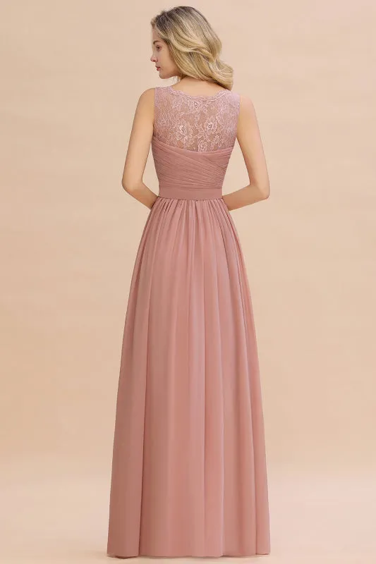 Elegant V-Neck A-line Ruched Chiffon Bridesmaid Dress Floral Lace Floor Length Wedding Guest Dress