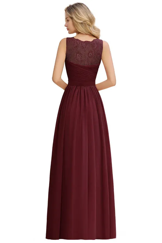 Elegant V-Neck A-line Ruched Chiffon Bridesmaid Dress Floral Lace Floor Length Wedding Guest Dress