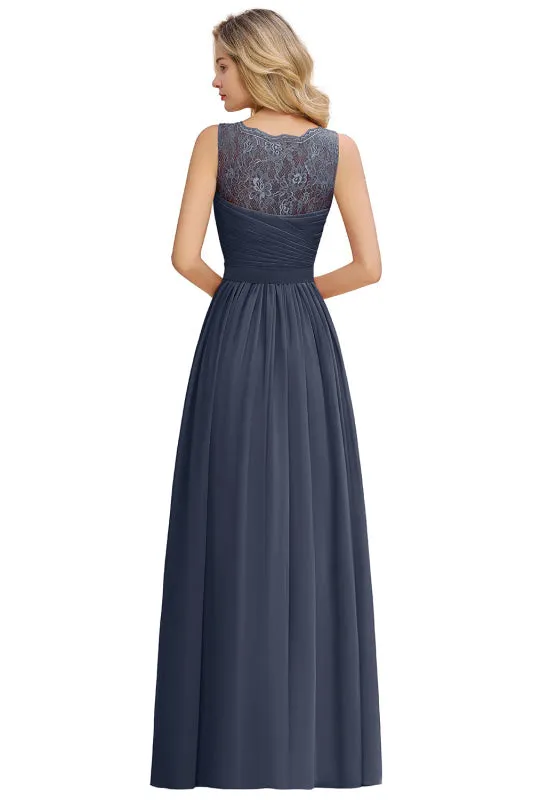 Elegant V-Neck A-line Ruched Chiffon Bridesmaid Dress Floral Lace Floor Length Wedding Guest Dress