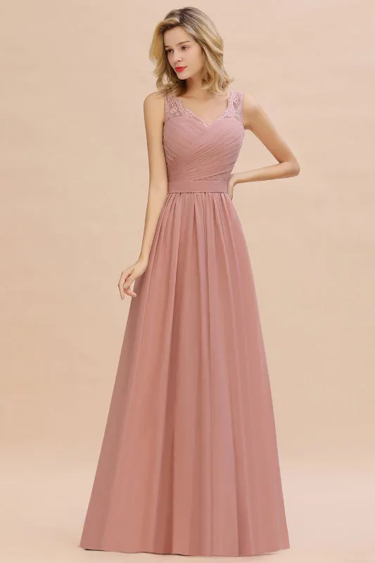 Elegant V-Neck A-line Ruched Chiffon Bridesmaid Dress Floral Lace Floor Length Wedding Guest Dress