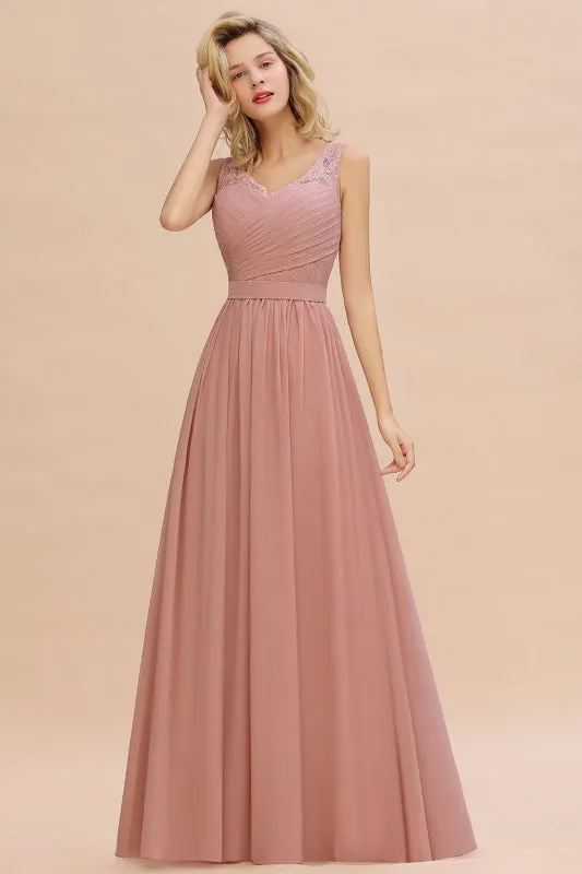 Elegant V-Neck A-line Ruched Chiffon Bridesmaid Dress Floral Lace Floor Length Wedding Guest Dress