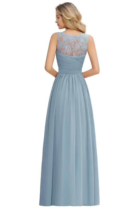 Elegant V-Neck A-line Ruched Chiffon Bridesmaid Dress Floral Lace Floor Length Wedding Guest Dress