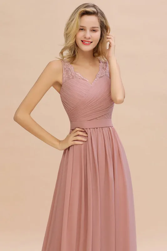 Elegant V-Neck A-line Ruched Chiffon Bridesmaid Dress Floral Lace Floor Length Wedding Guest Dress