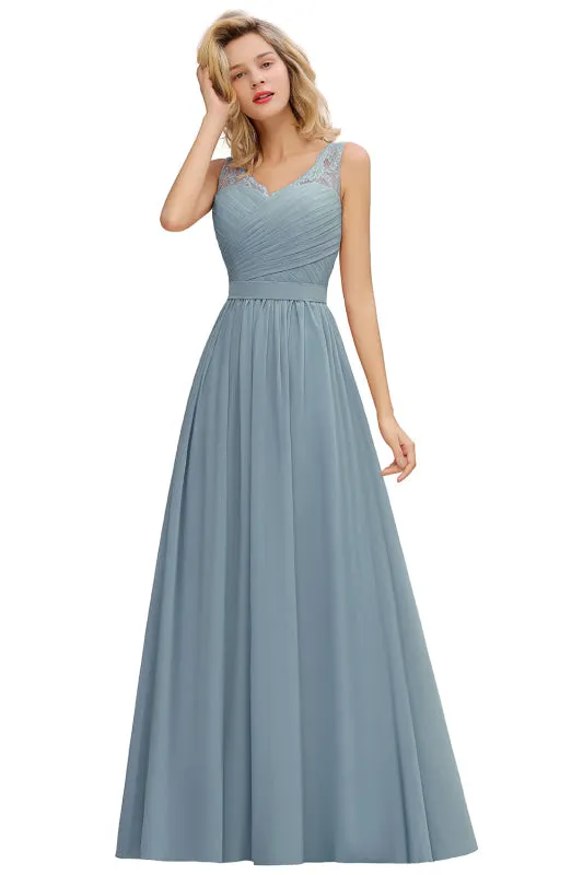 Elegant V-Neck A-line Ruched Chiffon Bridesmaid Dress Floral Lace Floor Length Wedding Guest Dress