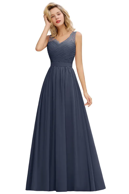 Elegant V-Neck A-line Ruched Chiffon Bridesmaid Dress Floral Lace Floor Length Wedding Guest Dress