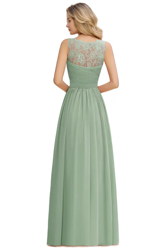 Elegant V-Neck A-line Ruched Chiffon Bridesmaid Dress Floral Lace Floor Length Wedding Guest Dress