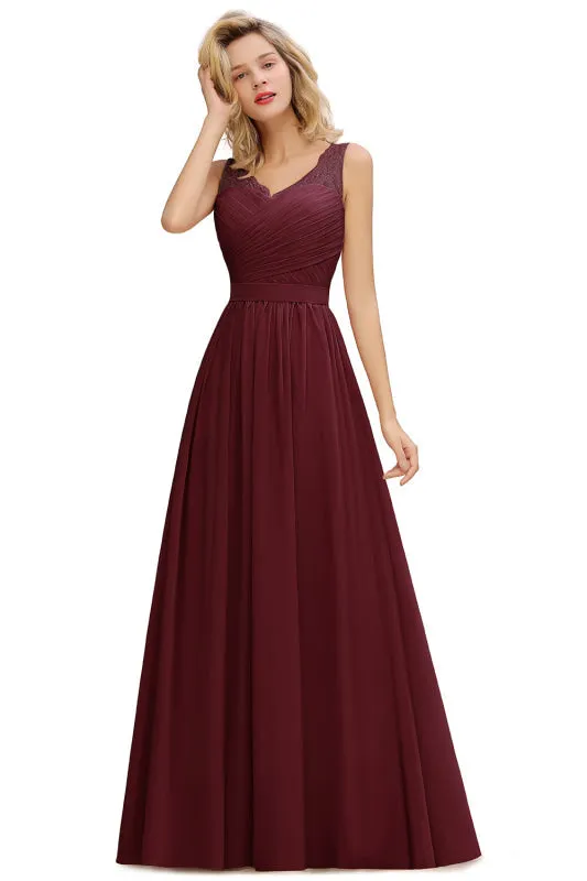 Elegant V-Neck A-line Ruched Chiffon Bridesmaid Dress Floral Lace Floor Length Wedding Guest Dress