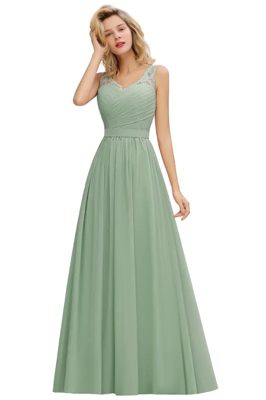 Elegant V-Neck A-line Ruched Chiffon Bridesmaid Dress Floral Lace Floor Length Wedding Guest Dress