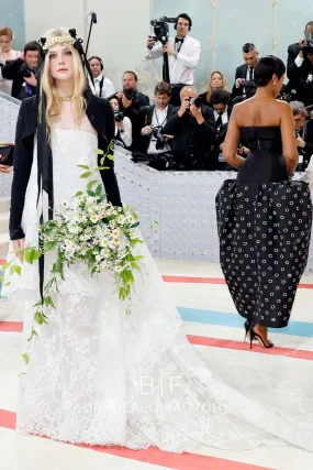 Elle Fanning Met Gala 2023 Strapless Lace Tiered Ball Gown