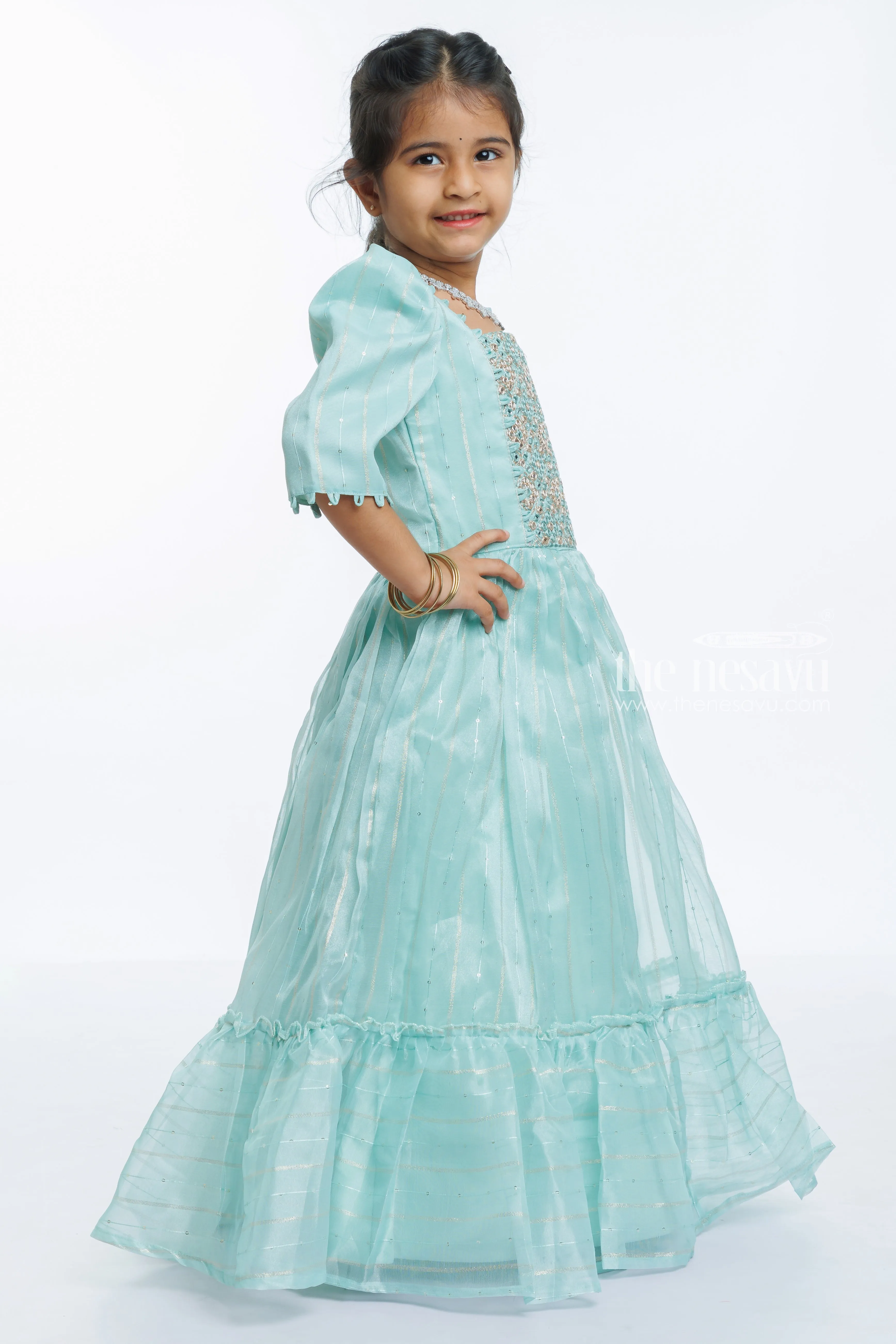 Ethereal Aqua Anarkali Dress with Embellished Bodice - Girls Occasion Wear