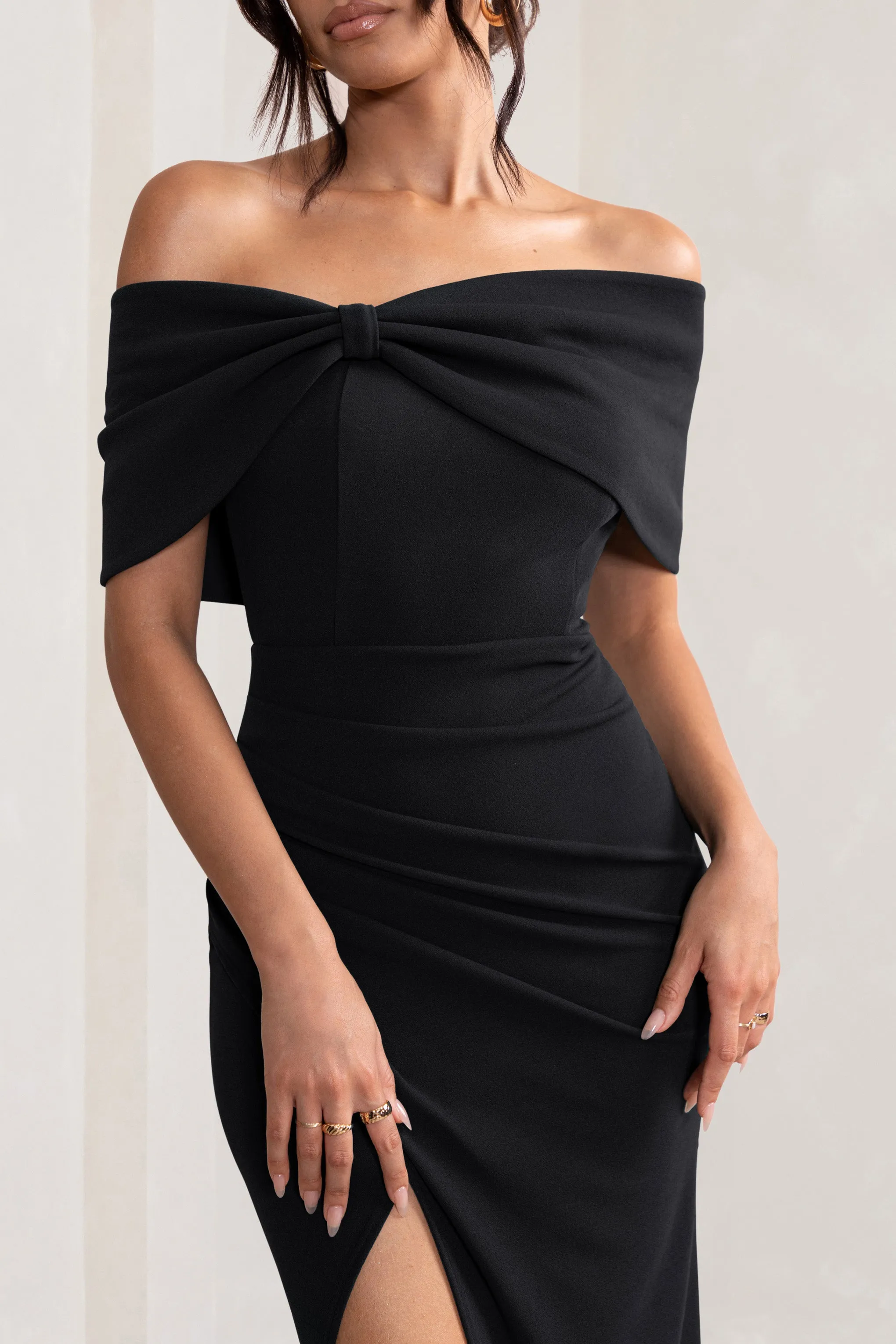 Eva | Black Bardot Bow Detail Maxi Dress With Thigh Split