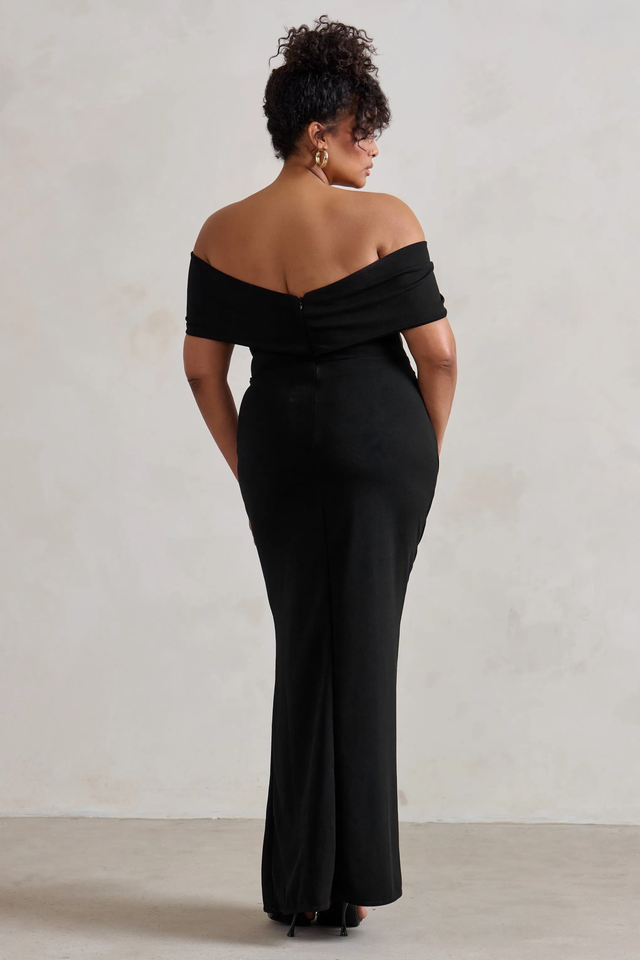 Eva | Black Bardot Bow Detail Maxi Dress With Thigh Split