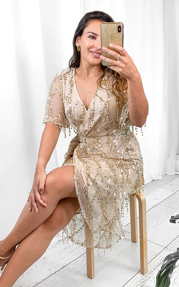 Fireworks Sequin Midi Dress - Beige Gold