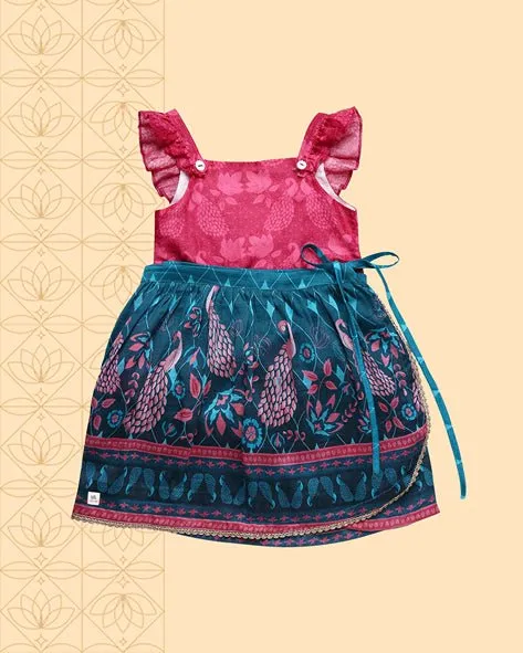 Firoza - Chanderi Peacock Printed Infant Onesie with Detachable Lehenga Skirt and Matching Clips