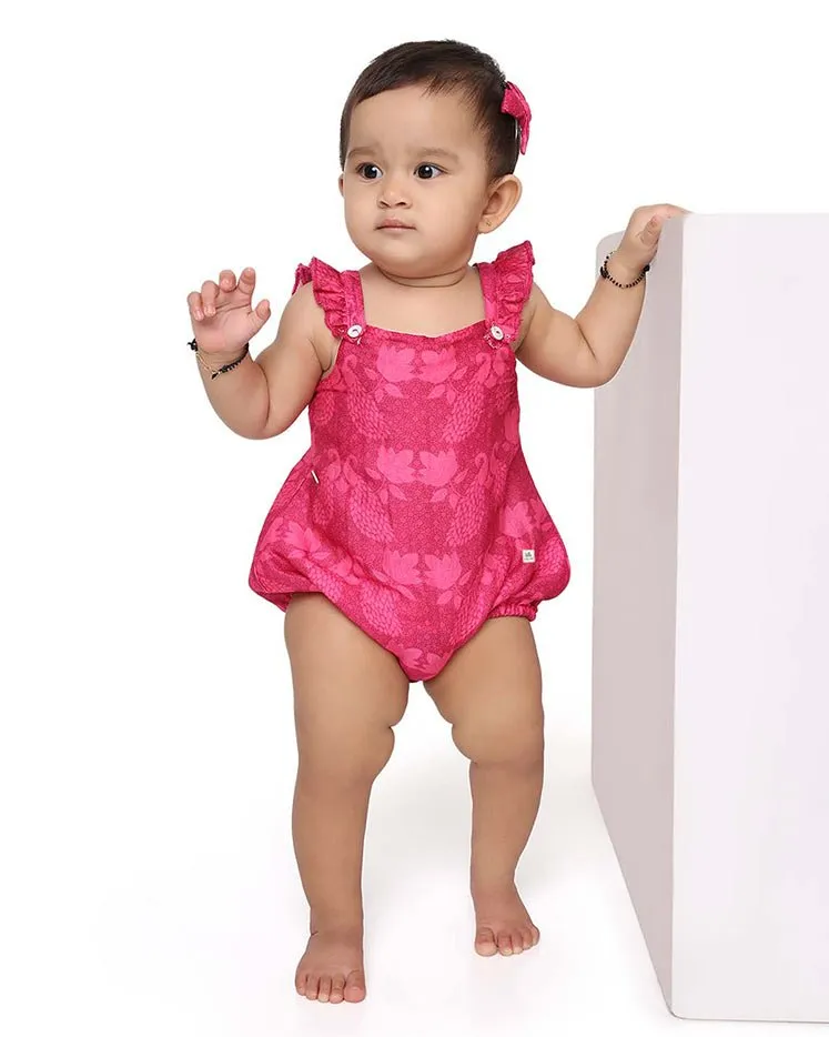 Firoza - Chanderi Peacock Printed Infant Onesie with Detachable Lehenga Skirt and Matching Clips