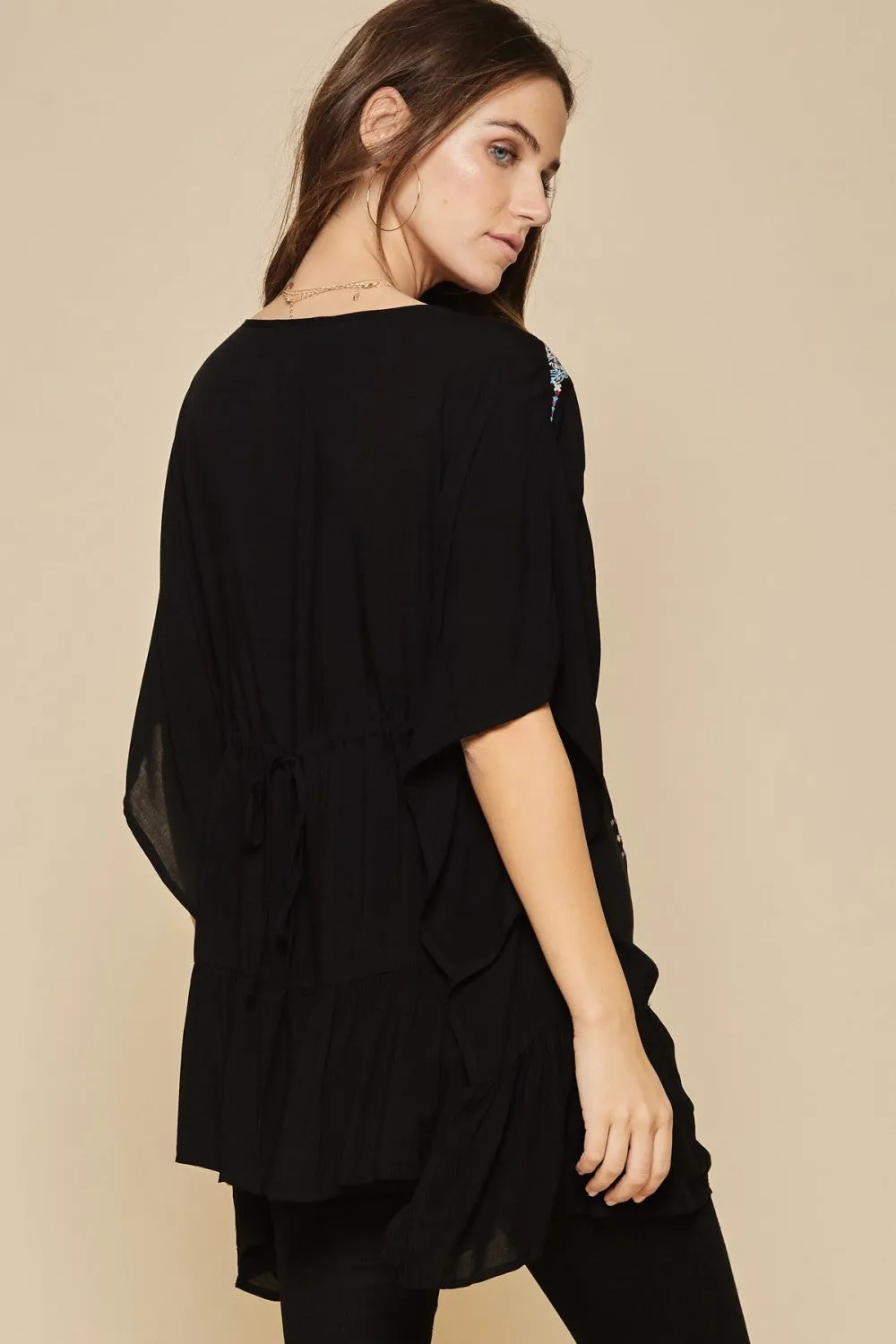 Floral Embroidered Lace Up Tunic, Black