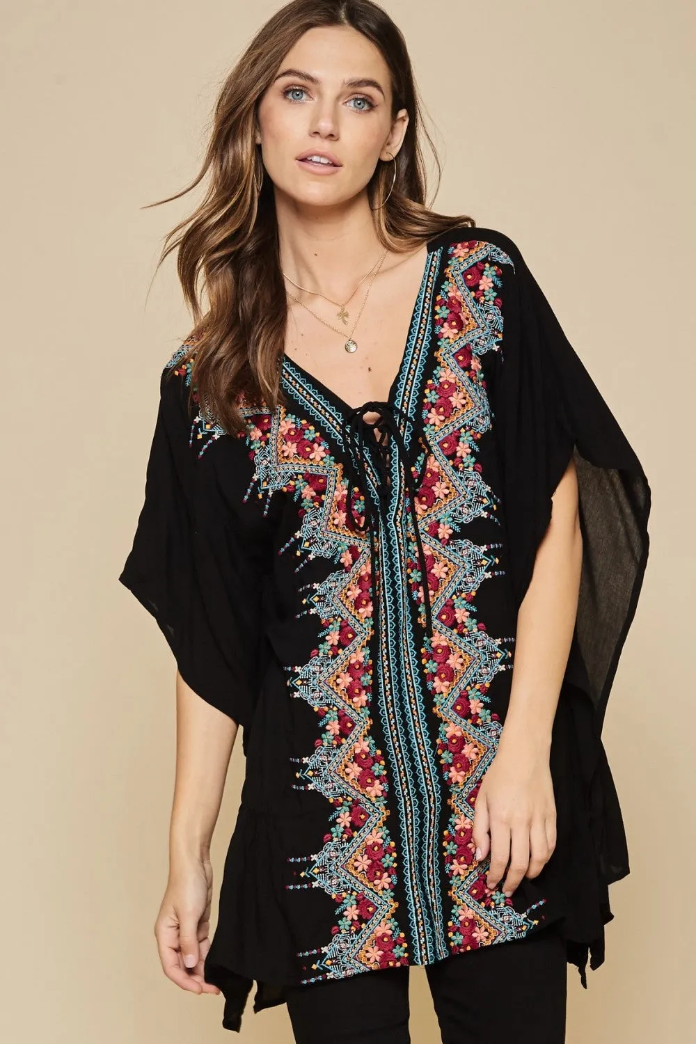 Floral Embroidered Lace Up Tunic, Black