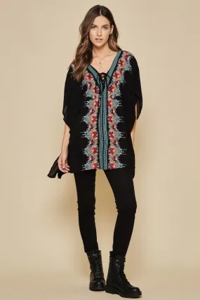 Floral Embroidered Lace Up Tunic, Black